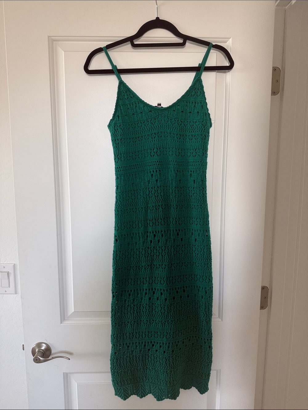 Emerald Green Crochet Midi Dress with Spaghetti Straps